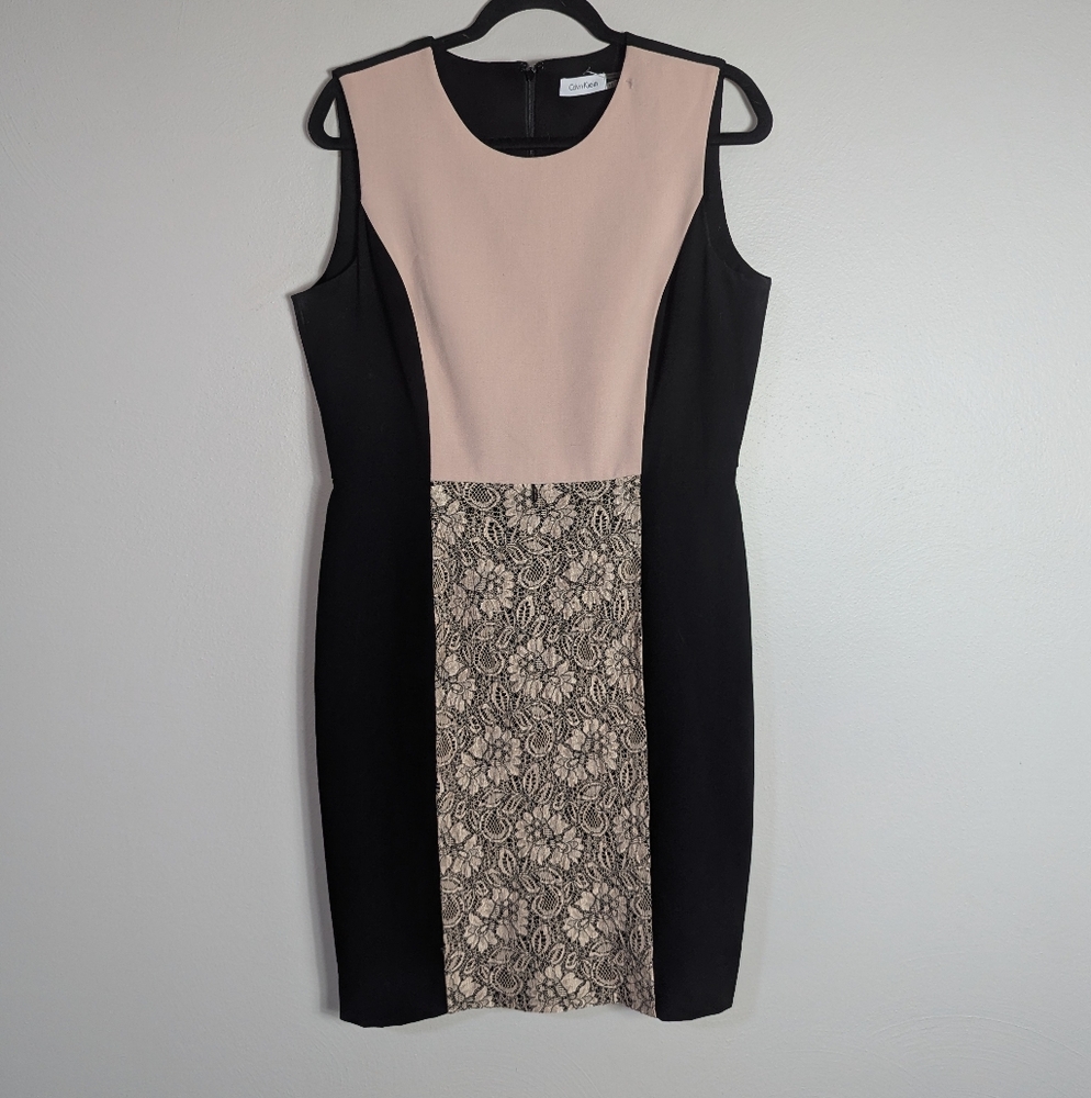 12 Calvin Klein Black Pink Colorblock Lace Sheath‎ Dress